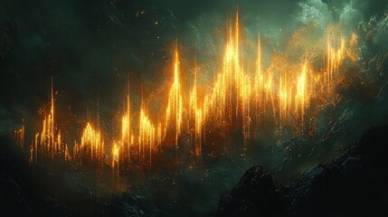 Poster - Abstract Art of Golden Colorful Waves Illustrating Energy and Movement in a Dark Environment