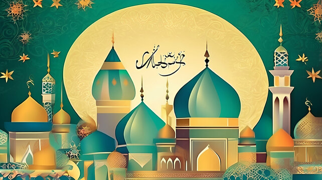 Muslim greeting and celebration card for the beginning of the Eid Mubarak