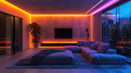 Poster - Modern living room illuminated by neon lights at night , rock 8k image
