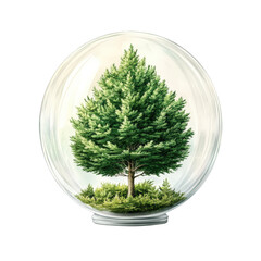 Poster - Small tree enclosed in a glass ball placed on a wooden surface with a blurred background isolated on transparent background..