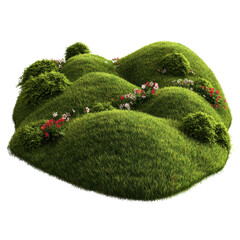 Poster - Green hill landscape with blooming flowers and lush grass under a clear blue sky in a serene natural setting isolated on transparent background..