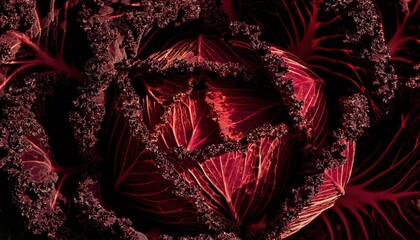 Poster - abstract close-up of a red ornamental cabbage leaf texture, vibrant curled edges with intricate details for graphic design