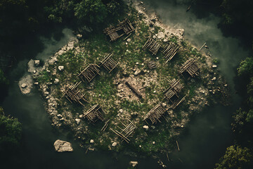 Aerial View of a Circular Battle Map Depicting Terrain with Green Grass Brown Structures and Surrounding Water in a Forest Environment