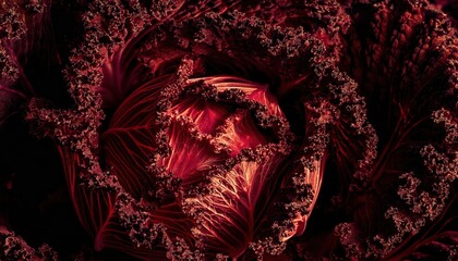 Poster - abstract close-up of a red ornamental cabbage leaf texture, vibrant curled edges with intricate details for graphic design