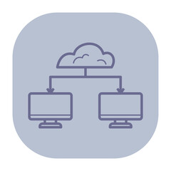 Poster - Icon of office network system. Two computer monitors connected through cloud symbol. Data transfer and connectivity in modern office setting concept