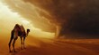 © semi bold - Camel's Peril: Facing a brewing sandstorm in the desolate desert expanse