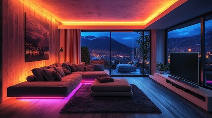 Poster - Modern living room illuminated by neon lights at night , rock 8k image