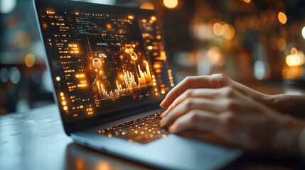 Poster - A laptop displays financial data analytics with glowing blue and orange graphs in a modern office with blurred background lights