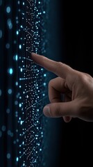 Poster - A hand interacts with a hologram displaying a global network and financial data, illustrating advanced technology in business