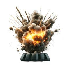 Poster - Large explosion producing thick smoke and flames against a dark background in a dramatic scene isolated on transparent background..
