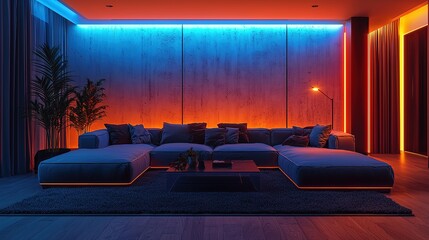 Poster - Modern living room illuminated by neon lights at night , rock 8k image