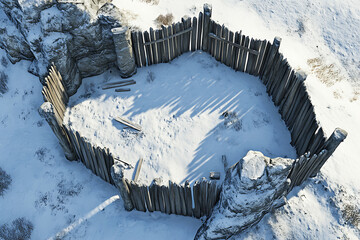 Aerial View of Winter Fortress Battle Map Game with Wooden Fence Enclosure and Snow Covered Ground