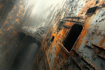 Wall Mural - A decaying, rusted shipwreck, submerged in murky water, showing signs of age and marine growth.