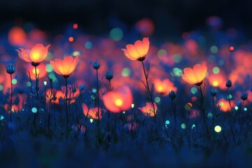 Poster - Glowing orange flowers illuminate a dark field at night, creating a magical, surreal scene.