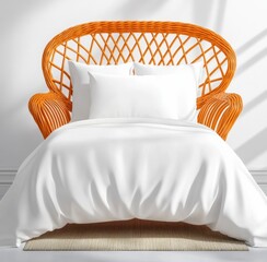 Canvas Print - White bedding on a wicker chair against a white wall. The chair is light brown with a unique design. Soft lighting enhances the texture of the