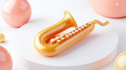 Poster - Bright Yellow Toy Saxophone with White Keys Isolated on Minimalist Background Surrounded by Pastel Spheres