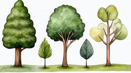 Poster - Collection of five watercolor trees on a green field, varying in size, shape, and shade of green. The illustration style is simple and natural