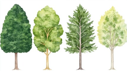 Canvas Print - Four different types of trees illustrated in watercolor against a white background. Each tree displays unique foliage color and shape, showcasing