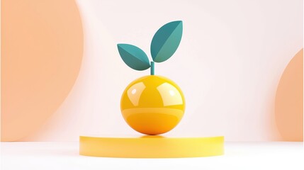 Poster - Vibrant Yellow Apple with Green Leaf on Minimalist Background for Modern Design Inspiration