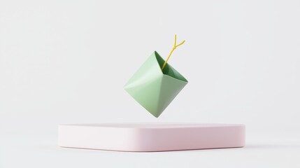 Poster - Vibrant Green Tea Bag with String Floating in Air on Soft Background