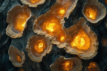 Poster - Glowing amber fungi illuminate a dark tree trunk, creating a mesmerizing natural light show.
