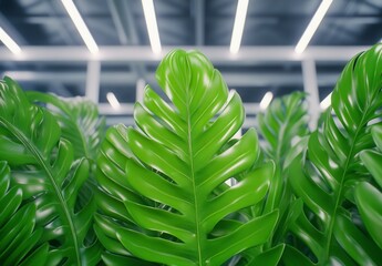 Canvas Print - Close up view of vibrant green leaves with a blurred industrial background, showcasing lush foliage and a contrast between nature and urban settings