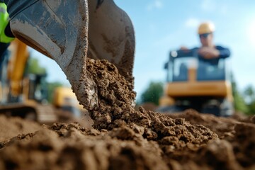 A close-up of a shovel digging into the earth showcases the heavy machinery and dedication involved in construction work, emphasizing progress and development in a sunny environment.