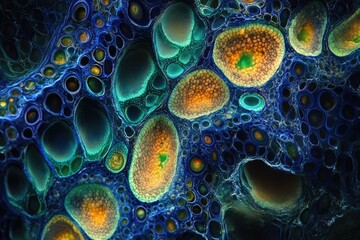 Poster - Abstract cellular structure, vibrant teal, orange, and blue hues, intricate details, resembling microscopic view.