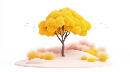 Poster - Isolated Yellow Acacia Tree with Leafy Foliage on a White Background for Nature and Minimalist Designs