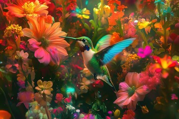 Poster - Vibrant hummingbird hovers amidst a profusion of colorful flowers, a breathtaking spectacle of nature's artistry.