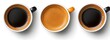 © A4719 - Overhead view of three coffee cups, each with varying levels of crema and coffee, showcasing a variety of coffee drinks. Black, orange and black