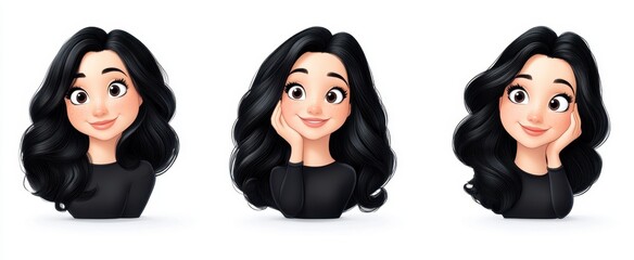 Poster - Three illustrations of a young woman with long, curly black hair, wearing a black top. She has a cheerful expression, and in two images, she's