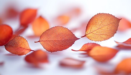 Aufkleber - Vibrant Orange Leaves Floating on Soft White Background in Autumn