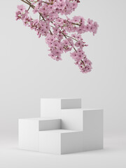 Wall Mural - 3d product background. 3d podium and sakura with white background for cosmetic, perfume and product presentation. 3d illustration.