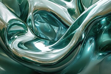 Leinwandbilder - Abstract image of swirling, reflective teal and silver liquid, creating a mesmerizing, fluid sculpture.