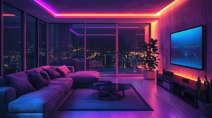 Poster - Modern living room illuminated by neon lights at night , rock 8k image