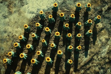 Poster - Aerial view of a sunflower field arranged in neat rows, casting long shadows on the parched earth.