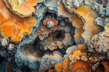 Fototapete - Abstract fractal art depicting a mesmerizing, cavernous landscape with layered, organic forms in warm and cool tones.