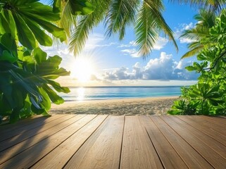 Tropical paradise: Wooden deck overlooking a pristine beach, azure sea, and lush palm trees under a bright, sunny sky. A perfect vacation spot.