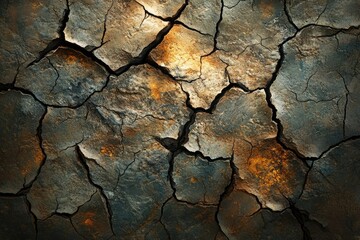 Dry, cracked earth with deep fissures and a mix of dark grey and warm orange tones.