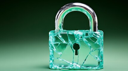 Poster - Shattered glass padlock on green background. Security breach, vulnerability, data protection concept.  Conceptual image of broken trust or system