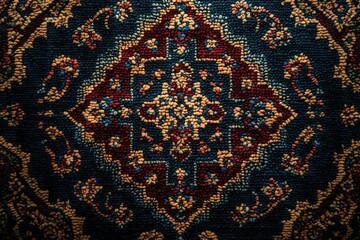Poster - Intricate detail of a richly colored carpet, showcasing a stunning oriental design with a symmetrical pattern.