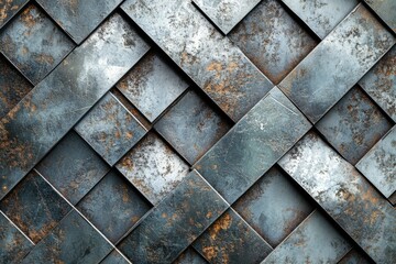 Aufkleber - Rustic metallic wall texture with intersecting, weathered metal plates creating a geometric pattern.