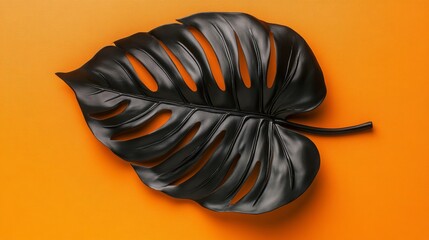 Poster - Black monstera leaf on vibrant orange background, top view. Modern nature art and decoration concept