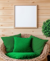 Canvas Print - Green pillows on a wicker chair against a wood wall with a blank frame. Natural light illuminates the scene creating a calm, relaxing atmosphere