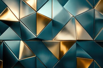 Fototapete - Abstract geometric background of teal and gold metallic triangles creating a luxurious and modern design.