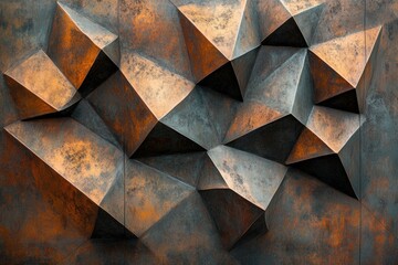 Poster - Abstract metallic geometric wall art with a textured, rusty, bronze and dark grey color palette.