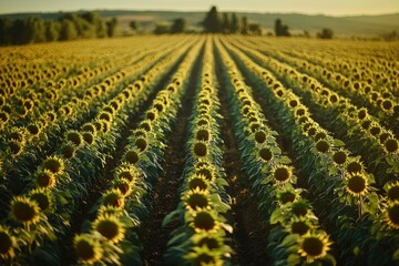 Aufkleber - Vast sunflower field at sunset, rows stretching to horizon, golden hour light.