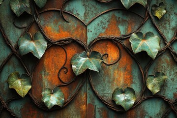 Poster - Rustic metal gate entwined with vibrant green ivy leaves, showcasing a blend of nature and decay.