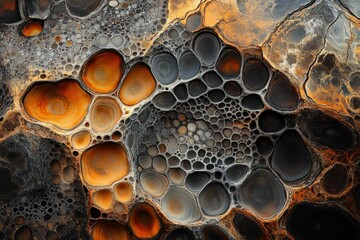 Aufkleber - Abstract artwork featuring a mesmerizing pattern of interconnected, organic shapes in shades of orange, black, and gray, resembling a honeycomb or cellular structure.
